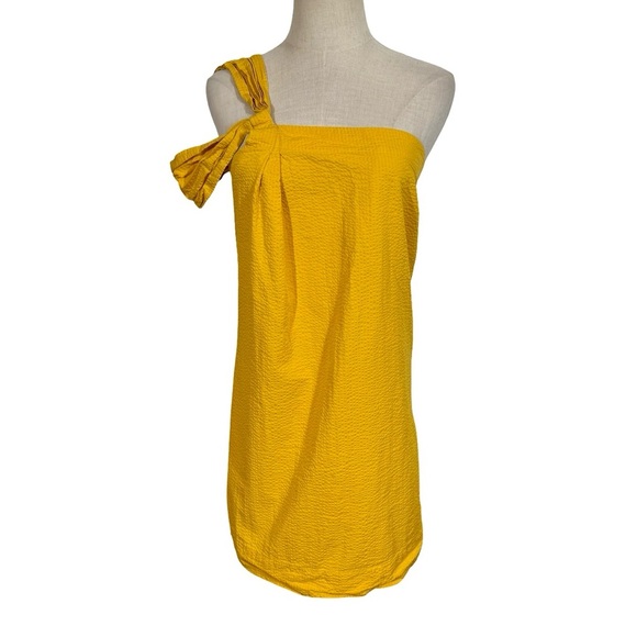 Cuyana Seersucker Twisted Shoulder A-Line Asymmetric Dress in Daffodil - Picture 4 of 9